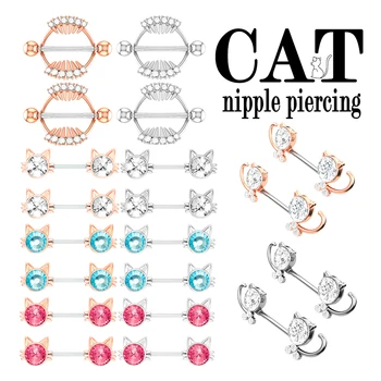 2Pc Új kristály macska mellbimbó piercing ékszerek 316L rozsdamentes acél mellbimbógyűrűk súlyzó köbös cirkónium piercing mellbimbó pajzs 14G