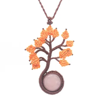 Kézzel készített kötél fonott makrame természetes rózsakristály kerek kabochon kő medál nyaklánc gyógyító fa nyári ékszerek