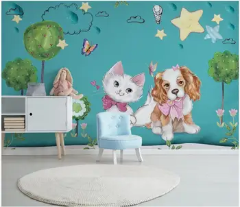 3d háttérkép egyéni fotó Modern rajzfilm kézzel rajzolt kisállat kiskutya macska gyermek szoba dekoráció 3d falfestmények tapéta falakhoz 3 d