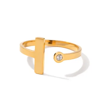 rozsdamentes acél gyűrű Egyszerű stílusú T cirkon díszített nyitható fém ujjgyűrű Oxidálható gyűrű