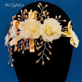 MOGAKU Kézzel készített fejdíszek Menyasszonyi fonal Virág hajpántok Esküvői parti Tiaras Nők Lányok Divat gyöngyös haj Ékszer kiegészítők