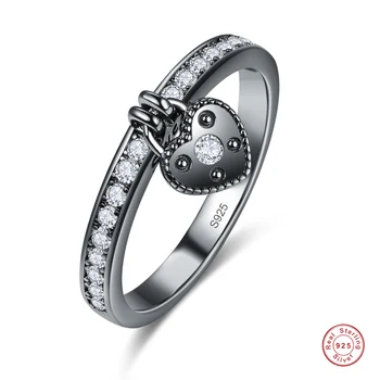 Szív alakú zár Fekete cirkon gyűrű jegygyűrű nőknek 925 ékszer kristálygyűrű