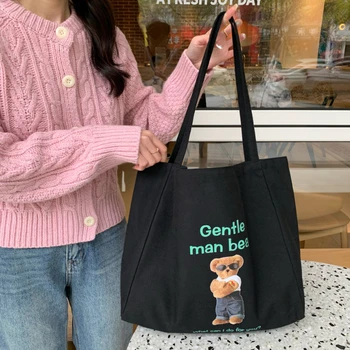 Youda Ladies koreai változat Bear Patten vászon válltáska nőknek Nagy alkalmi kapacitású táskák Levél bevásárlótáska