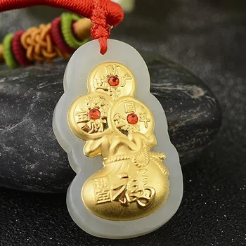 Real Hetian Jade medál nőknek 4D kemény arany fólia medál szerencsés érmetáska piros drágakő szerető ajándékkal 30*17mm