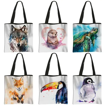 Erdei állat akvarell táskák Farkas róka papagáj bagoly teknős Nagy kapacitású válltáska Újrafelhasználható vásárlói táskák Messenger táska