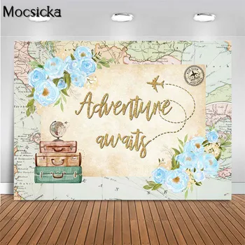 Mocsicka Adventure várja a babavárót Háttér Térkép Repülőgép Utazás a világ körül Fotó háttér Újszülött üdvözlő parti dekoráció