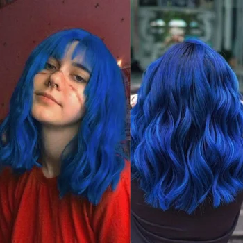 HAIRCUBE Rövid kék göndör hullámú szintetikus parókák fekete nőknek Selymes természetes parókák frufruval Cosplay Party hőálló haj