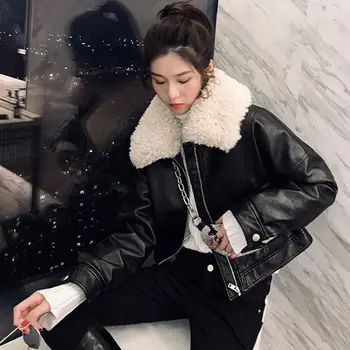 Téli női streetwear műbárány bőr szőrme rövid kabát Moto Biker vastag meleg báránybőr kabát felsőruházat