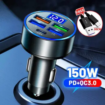 150W 5 portos autós töltő gyorstöltő PD QC3.0 USB C automatikus telefontöltő C típusú adapter autóban iPhone Samsung Huawei Xiaomi