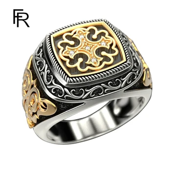 18k aranyozott kétszínű gyűrű Európai és amerikai retro gravírozási minta férfi eljegyzési gyűrű