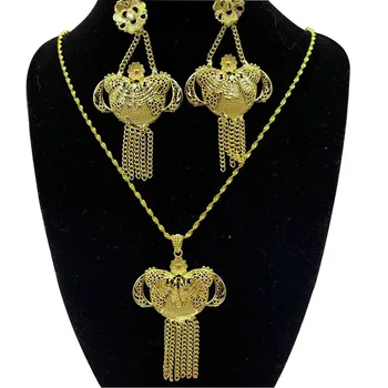 Új női divat arany színű afrikai nigériai ékszerkészlet esküvői nyaklánc karkötő fülbevaló gyűrű ékszer készletek