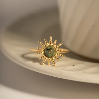 rozsdamentes acél bevonatú 18K arany intarziás természetes kő napgyűrű Luxus gyűrű nőknek születésnapi ajándék finom ékszerek