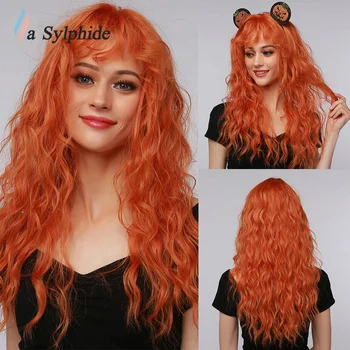 La Sylphide hosszú narancssárga paróka frufruval hullám szintetikus parókák nőknek HalloWeen cosplay party Aranyos göndör hőálló haj