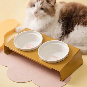 Rajzfilm Kisállat kutya macska tál kerámia tál vaskeret asztal cica csúszásálló dupla tál kis kutyaeledel adagoló
