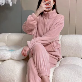 Divat női viselet Egyszerű alkalmi otthoni viselet Megvastagított termál flanel pizsama Kétrészes szett meleg kültéri Cardigan hálóruha