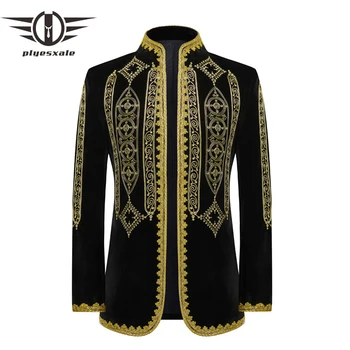 Plyesxale Royal Style Velour Blazer For Men Black Gold férfi hímzett blézerdzseki Énekes Színpadi jelmez Cardigan Blazers Q6
