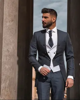 Új érkezésű szürke férfi öltöny Slim Fit 3 részes jelmez Homme Tuxedo vőlegény stílusú öltönyök Prom Party Blazer Terno dzseki + nadrág + mellény