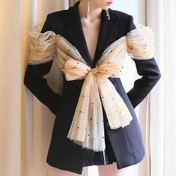 Személyre szabott designer öltöny Divat pöttyös nyomtatott panel V-nyakú hát nélküli kabát háló elegáns női ruha