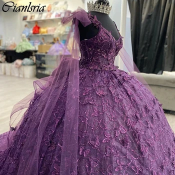 Lila flitteres csipke szalagok báli ruha Quinceanera ruhák le a vállról 3D pillangó masni fűző Vestidos de 15 Años