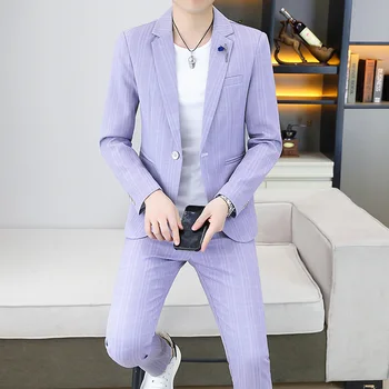 2023Kiváló minőségű stílusos és jóképű Youth Casual (öltöny + nadrág) öltöny Férfi kétrészes ifjúsági csíkos jóképű koreai karcsú öltöny