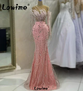 2023 Aso Ebi Arab Pink Mermaid Prom ruhák Crystals Evening Formális születésnapi eljegyzési parti ruhák Ruhák De Soiree köntösök