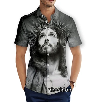 phechion Nyári férfi rövid ujjú strandingek Isten vallása Jézus 3D nyomtatott alkalmi ingek Divat utcai ruházat Férfi felsők X126