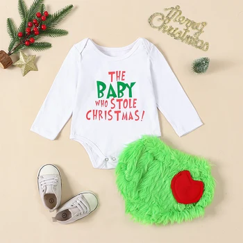 SUNSIOM 2Db Baby Girls ruhák karácsonyi rövidnadrág szettek Hosszú ujjú levélnyomtatás Romper Green plüss PP rövidnadrág szettek