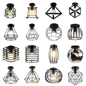 Vintage mennyezeti lámpák Vaskeret Fekete geometrikus mennyezeti lámpa Retro ketreces világítótestek konyhai folyosóhoz Beltéri dekoráció E27