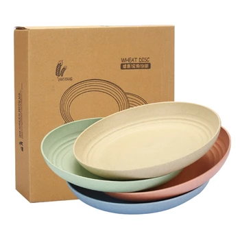 4Db újrafelhasználható búzaszalma tányérok törhetetlen kerek edények Könnyű tányérok kempingezéshez és szabadtéri étkezéshez