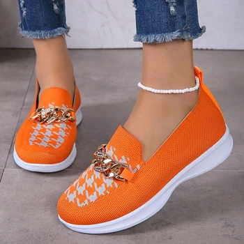 Lánc dekoráció Narancssárga naplopók Női cipők 2023 Őszi lélegző kötött alkalmi lapos cipők Nő könnyű slip-on sétacipők