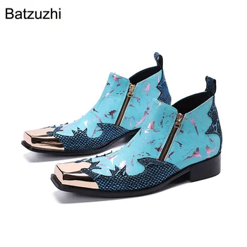 Batzuzhi férfi csizma szögletes vasfejű kék bokacsizma férfi valódi bőr Új érkezés divat üzleti/parti és esküvői boták
