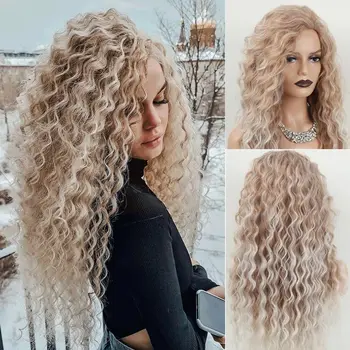 Szőke szintetikus hosszú göndör haj parókák nőknek Divat bolyhos vízhullám ombre frizura Fancy Dress Party paróka hölgynek
