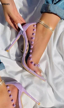 Purple Rivet Transpatent Pvc vékony magas sarkú pumpák női hegyes lábujjú csúszás tűsarkú partiruha cipőn