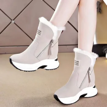 Wedge cipő bőr hócsizma Női téli csizma Meleg női cipő Vádli közepén női platform Cipő 2023