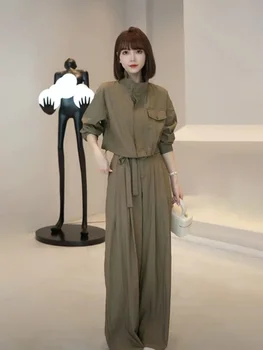 Kétrészes szettek Női outifits 2024 ősz Új álló gallér felső széles szárú nadrág szettek Koreai divat női ruházat nadrág szettek