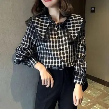 Vintage kockás patchwork csipke felső ing tavaszi nyári fekete sifon laza all-match blúz divat ifjúsági elegáns női ruhák