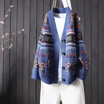 2023 Új őszi téli divat női pulóver retro V-nyakú levél kötött pulóver etnikai stílusú bő ujjú kardigán női pulóver