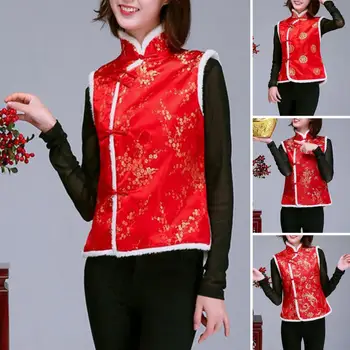 Női téli mellény Kínai újévi stílusú állvány gallér nyakvédő ujjatlan egymellű nyomott sűrített mellény
