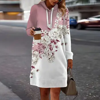 Női virágos kapucnis pulóver ruha Virágmintás kapucnis ruha Hangulatos meleg stílusos női téli divat téli virágmintás ruha