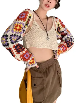 Nők Virágos horgolt vágott kardigán hosszú ujjú nyitott első pulóver Laza vállrándítás Felsők divat női ing Y2K kötöttáru kabát
