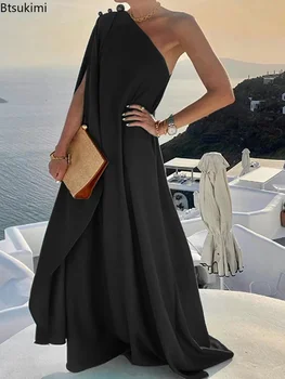 2023 Nyári nők Szexi Off Shoulder Boho hosszú ruha Elegáns egyvállú laza partiruha Divatgomb Solid Beach Maxi ruha