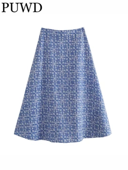 PUWD alkalmi női kék mintás szoknyák 2023 nyári vintage magas derékú hátsó cipzáras szoknyák női alsók mujer
