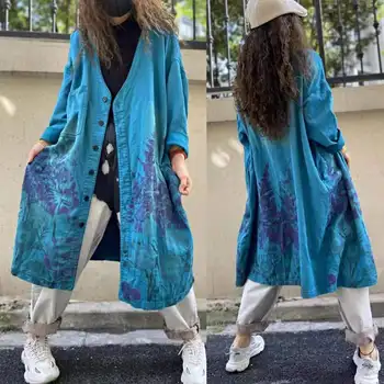 Új művészeti stílus Női pamut farmer árok vintage nyomtatás V-nyakú laza őszi hosszú kabátok egymellű női minőségi árok P169