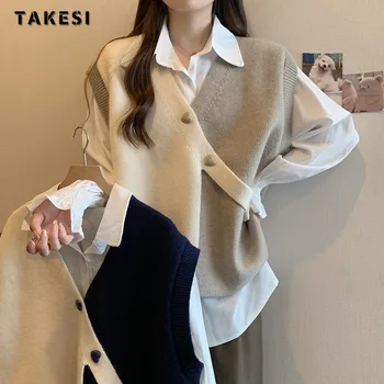 2023 Őszi kötés ujjatlan alkalmi V-nyakú pulóver mellény nőknek Koreai divat elegáns patchwork vintage hangulatos meleg pulóverek