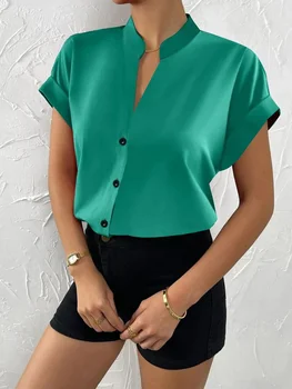 Női nyári tömör egyszerű V-nyakú rövid ujjú ing 2023 női alkalmi zöld egymellű irodai ing Blusas Y Camisas