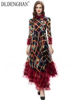 DLDENGHAN Kora őszi ruha női állvány gallér hosszú ujjú geometrikus mintás hálós fodros vintage party ruha divattervező Új