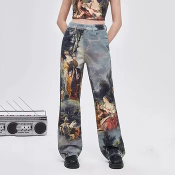 Max nyomtatott bő farmer női haradzsuku rugalmas hiphop farmer nadrág női alkalmi hárem amerikai retro bő széles szárú nadrág