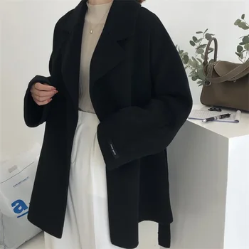 RosEvans 2023 Új télikabát Kétoldalas 100% gyapjú csipkés kabát Női divatRövid laza lehajtható gallér Gyapjú kabátok Nők