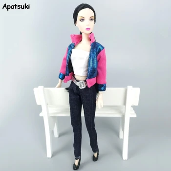 1Set divatruhák Barbie baba ruhákhoz rózsaszín kék kabát farmer nadrág Top kézzel készített ruhák Barbie baba kiegészítőkhöz Gyerekek