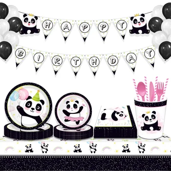Aranyos kínai panda vad Egy babaváró party eldobható étkészlet készletek Tányérok lógó örvénylések Boldog születésnapot party kellékek Dekorok